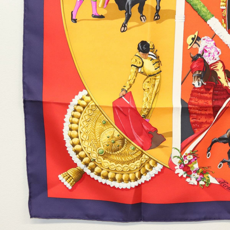 【日本直送】HERMES Carre 90 圍巾「PLAZA DE TOROS」真絲橘色正品 am8844-7