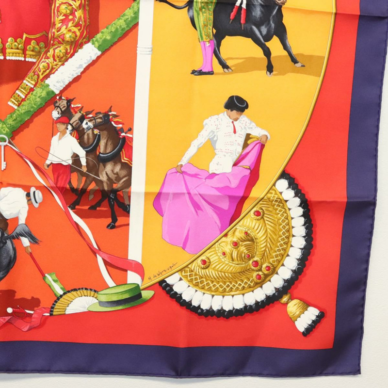 【日本直送】HERMES Carre 90 圍巾「PLAZA DE TOROS」真絲橘色正品 am8844-9