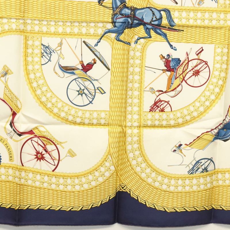 【日本直送】HERMES Carre 90 圍巾「VOITURES PANIERS」真絲白色正品 BA4559-8