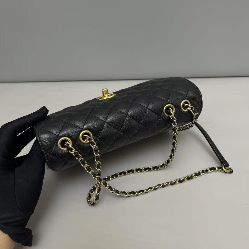 Chanel香奈兒 黑金牛皮荔枝紋菱格風琴 鏈條包 肩背包 斜背包-6
