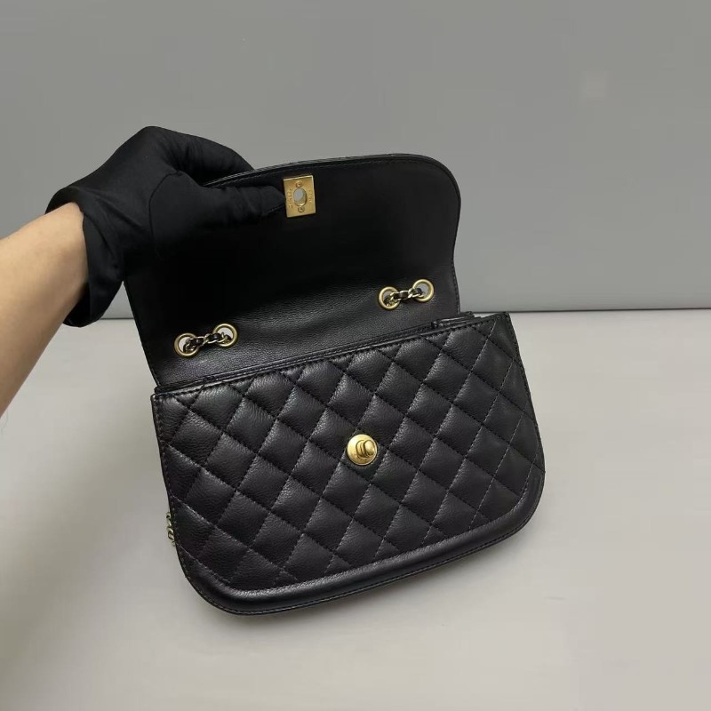 Chanel香奈兒 黑金牛皮荔枝紋菱格風琴 鏈條包 肩背包 斜背包-7
