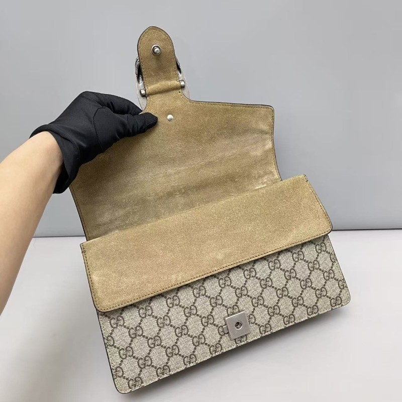 Gucci古馳 酒神中號 老花卡其色鏈條包 肩背包 斜背包-7