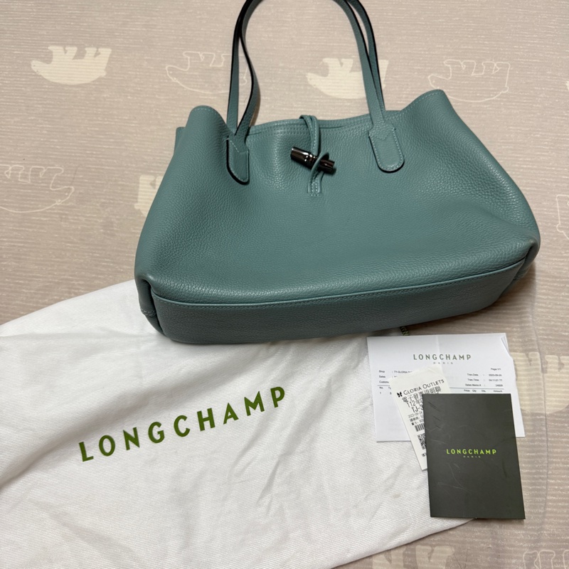 LONGCHAMP ROSEAU ESSENTIAL系列 金屬竹節 牛皮托特包-鼠尾草綠-0