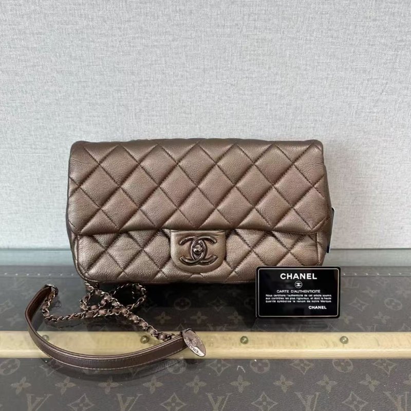 ✨CHANEL 古銅色CF肩背斜背鍊條包25*15*5.5 98新配件塵袋保卡-0