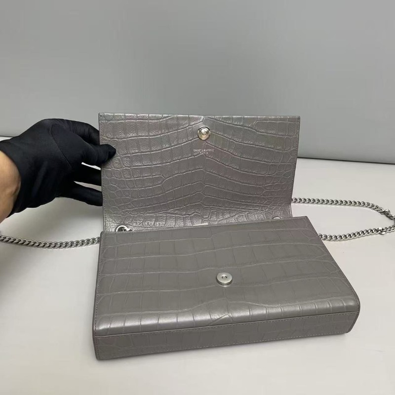 YSL聖羅蘭 Kate中號灰色鱷魚壓紋流蘇包 肩背包 斜背包-2