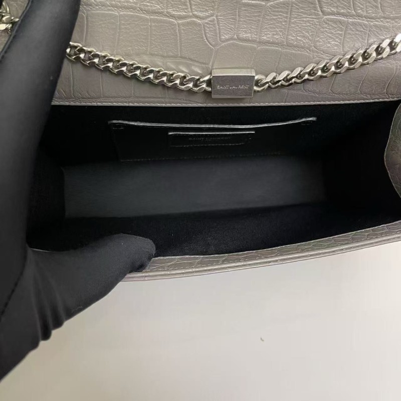 YSL聖羅蘭 Kate中號灰色鱷魚壓紋流蘇包 肩背包 斜背包-5
