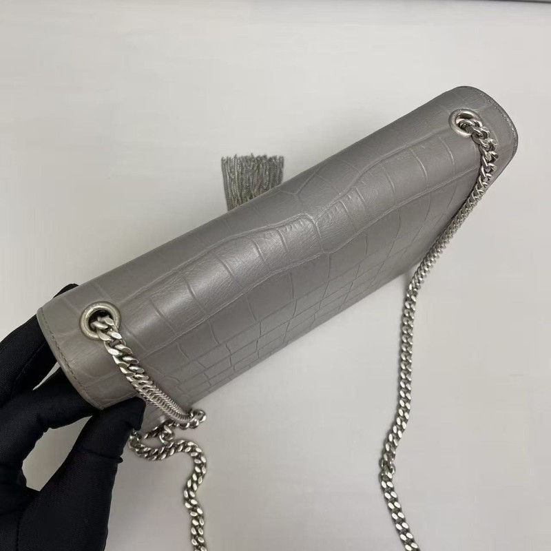 YSL聖羅蘭 Kate中號灰色鱷魚壓紋流蘇包 肩背包 斜背包-8