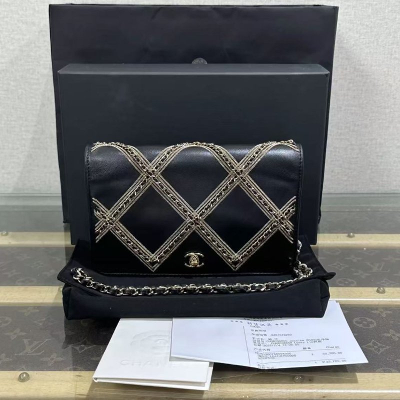 ✨CHANEL 22P黑金皮穿鏈菱格紋woc鍊條包19*12*4 98新配件盒子塵袋購證-0