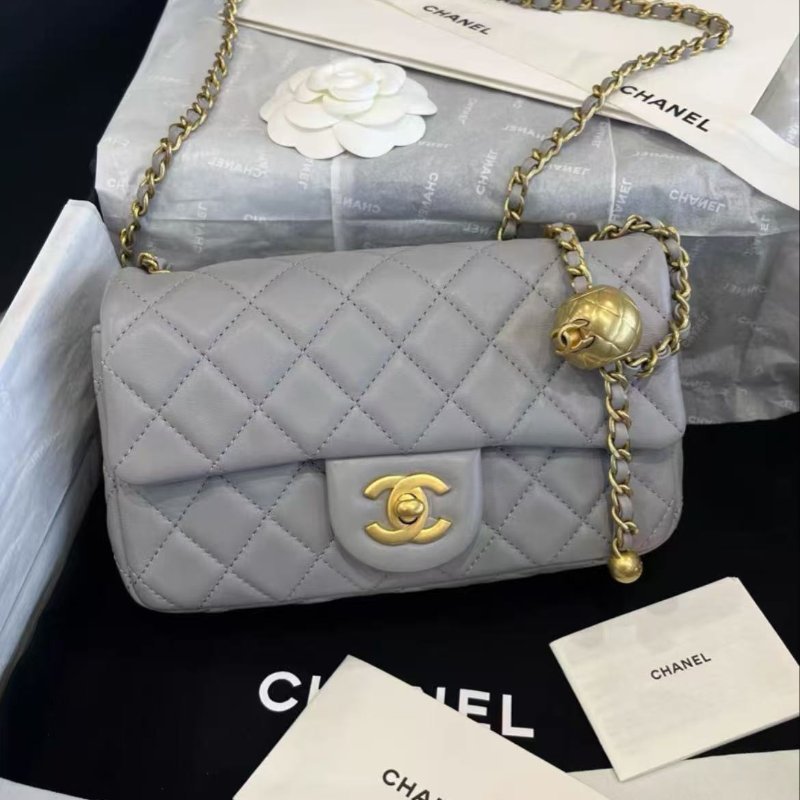 Chanel 21B 灰色羊皮金球cf大mini 芯片款 20*13*99新配件塵袋-0