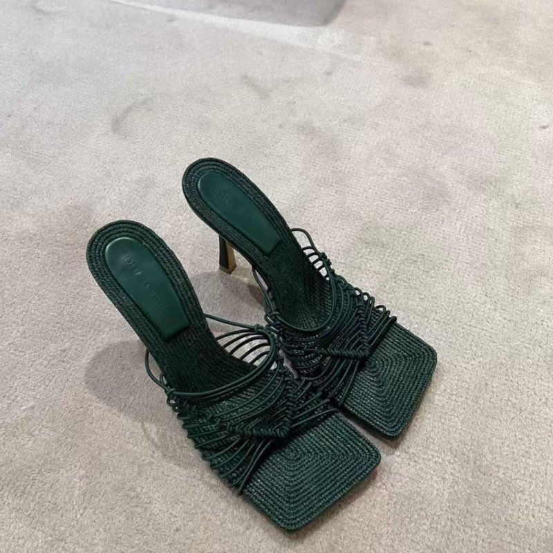bottega veneta stretch編織墨綠色方頭涼鞋拖鞋38號 跟高7cm 全新配件塵袋盒子-0