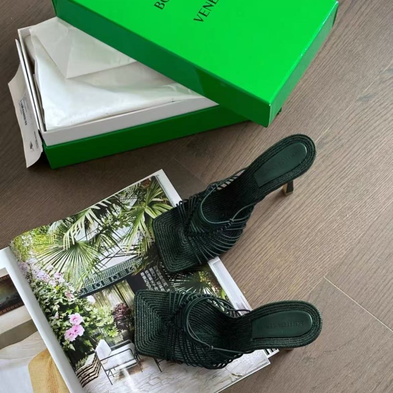 bottega veneta stretch編織墨綠色方頭涼鞋拖鞋38號 跟高7cm 全新配件塵袋盒子-1