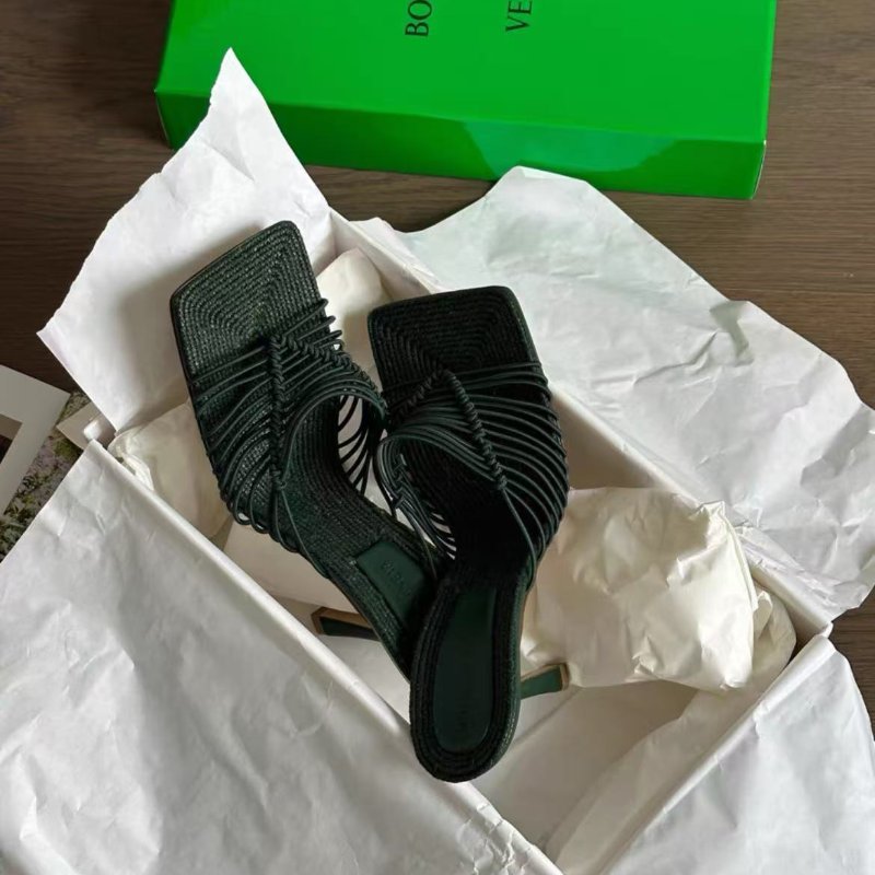 bottega veneta stretch編織墨綠色方頭涼鞋拖鞋38號 跟高7cm 全新配件塵袋盒子-4