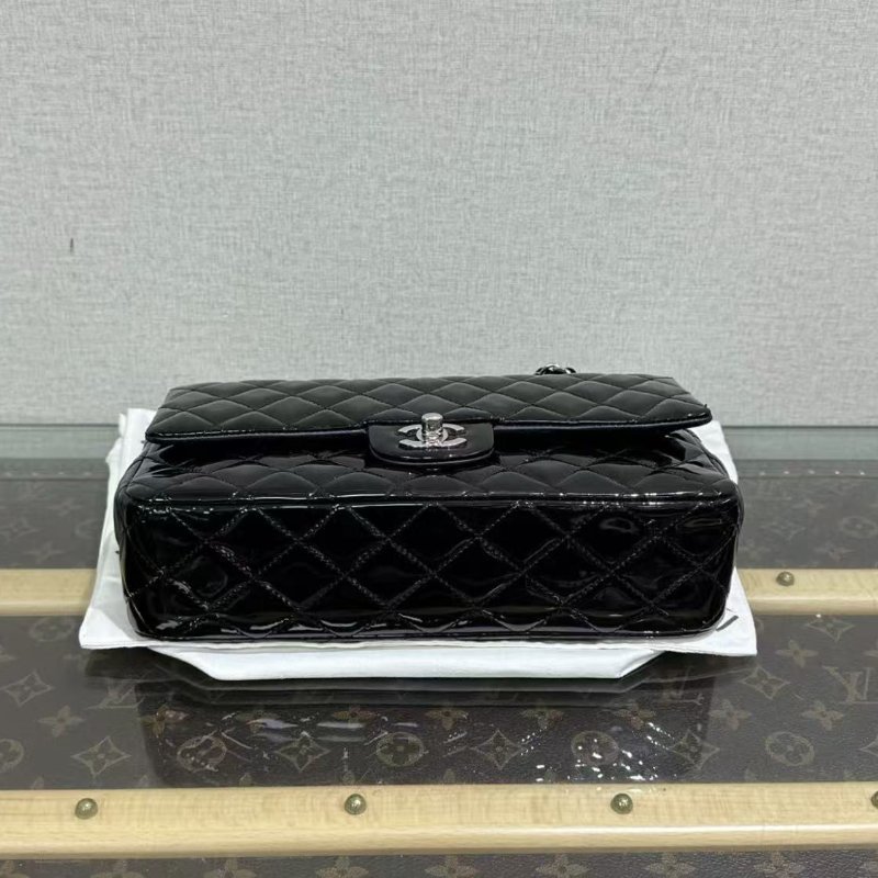 ✨CHANEL 黑銀漆皮CF中號肩背斜背鍊條包25*16*7 98新配件塵袋-3