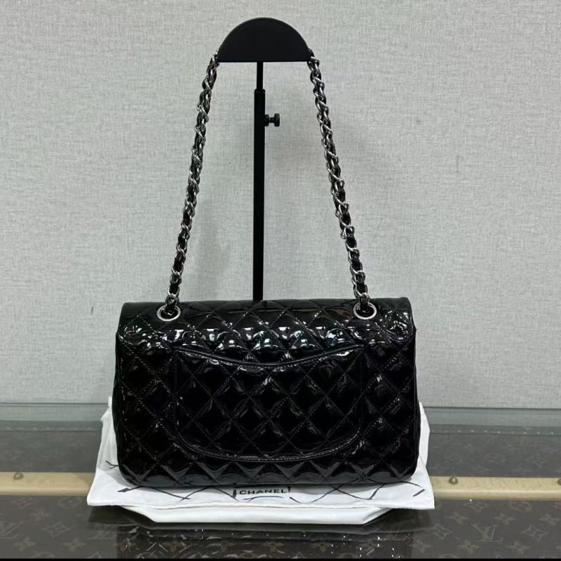 ✨CHANEL 黑銀漆皮CF中號肩背斜背鍊條包25*16*7 98新配件塵袋-4