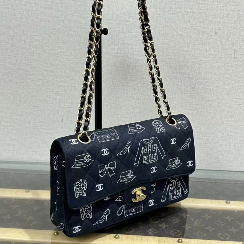 ✨CHANEL CF金扣塗鴉印花肩背斜背包25*15*6 98新配件塵袋保卡-1