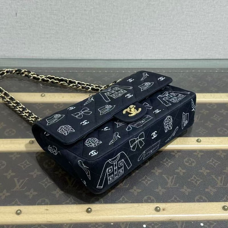 ✨CHANEL CF金扣塗鴉印花肩背斜背包25*15*6 98新配件塵袋保卡-2