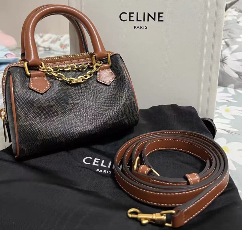 ✨CELINE mini 經典老花波士頓枕頭包 14*9*8 99新配件塵袋-0