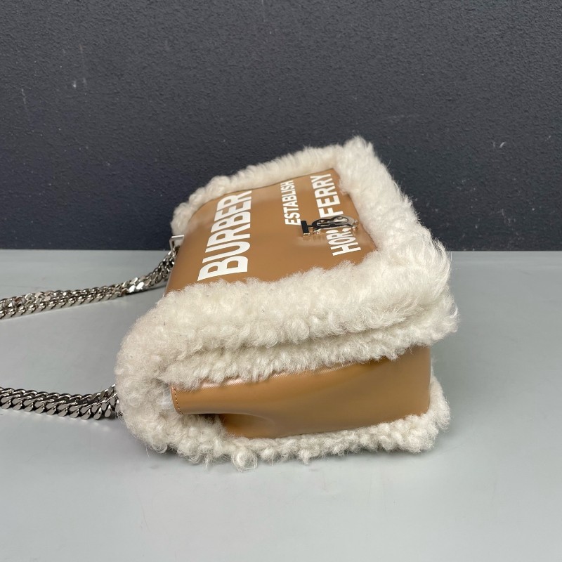 Burberry 奶茶色拼羊羔毛Lola鏈條包 肩背包 斜背包-2