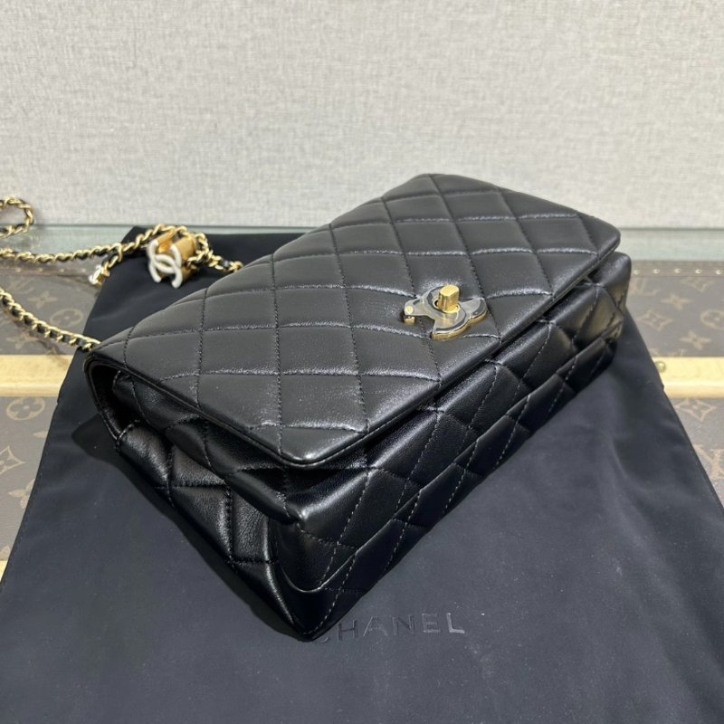 CHANEL24a黑色菱格紋琺瑯扣皮穿鏈23*14*7 全新閒置配件盒子塵袋-4