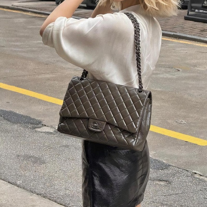 Chanel香奈兒 灰色羊皮CF maxi雙蓋鏈條包 肩背包 斜背包-0
