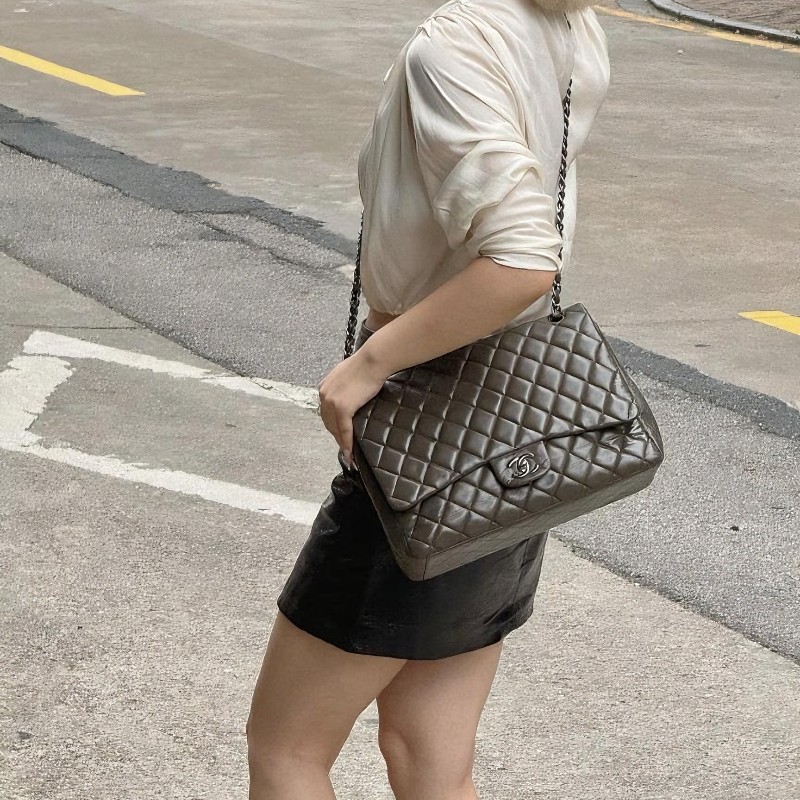 Chanel香奈兒 灰色羊皮CF maxi雙蓋鏈條包 肩背包 斜背包-1