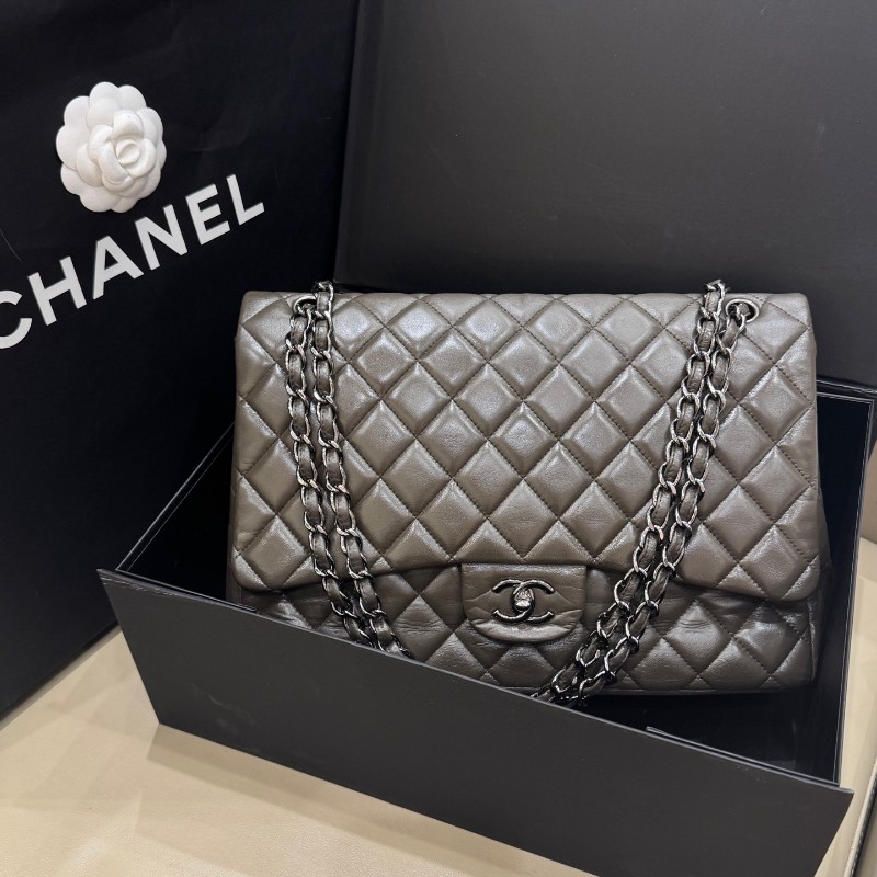 Chanel香奈兒 灰色羊皮CF maxi雙蓋鏈條包 肩背包 斜背包-2