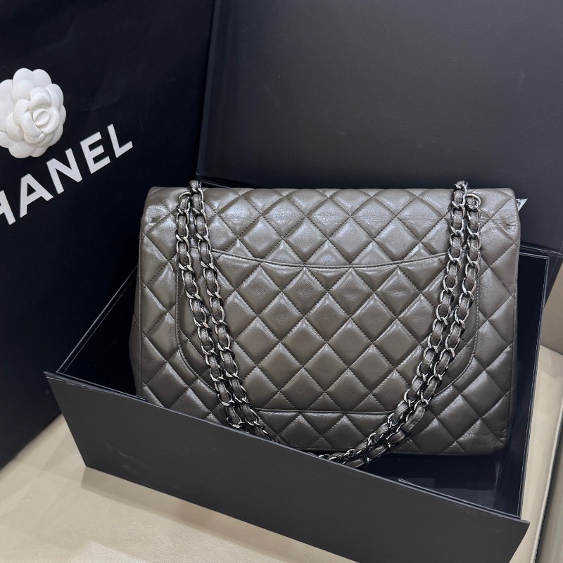 Chanel香奈兒 灰色羊皮CF maxi雙蓋鏈條包 肩背包 斜背包-3