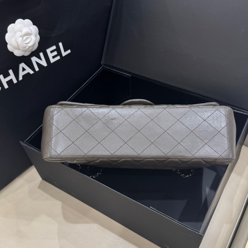 Chanel香奈兒 灰色羊皮CF maxi雙蓋鏈條包 肩背包 斜背包-6