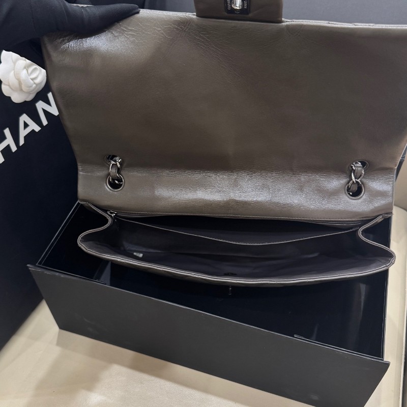 Chanel香奈兒 灰色羊皮CF maxi雙蓋鏈條包 肩背包 斜背包-7