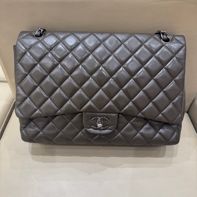 Chanel香奈兒 灰色羊皮CF maxi雙蓋鏈條包 肩背包 斜背包-8