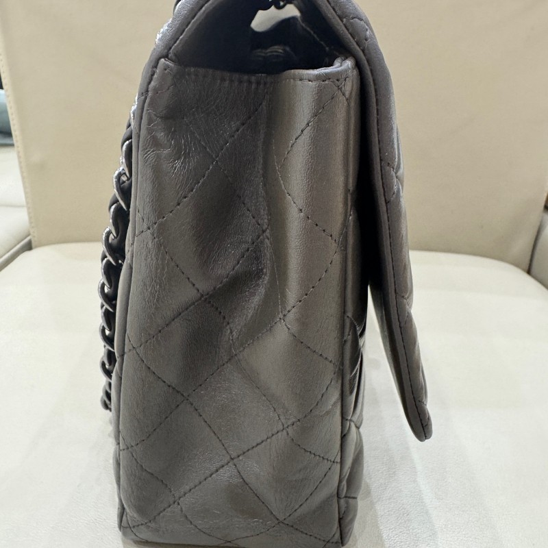 Chanel香奈兒 灰色羊皮CF maxi雙蓋鏈條包 肩背包 斜背包-9