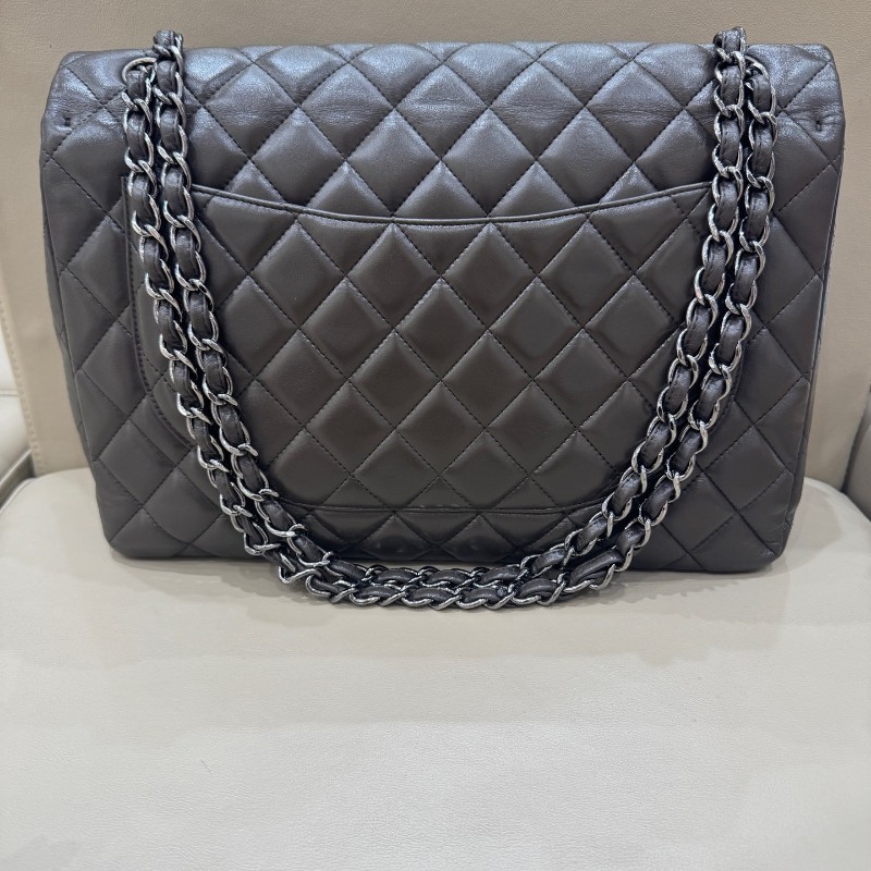 Chanel香奈兒 灰色羊皮CF maxi雙蓋鏈條包 肩背包 斜背包-10