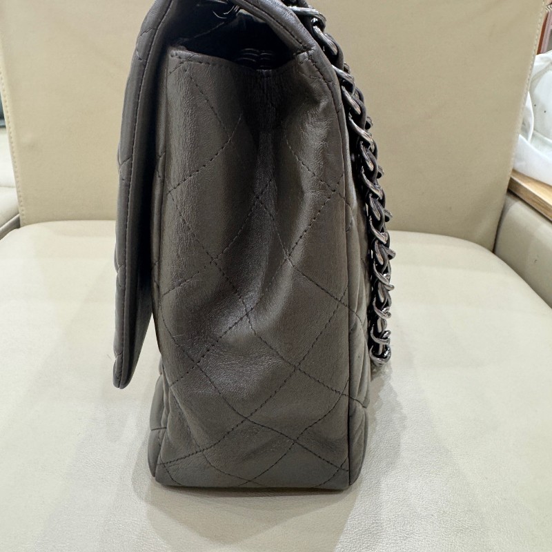 Chanel香奈兒 灰色羊皮CF maxi雙蓋鏈條包 肩背包 斜背包-11