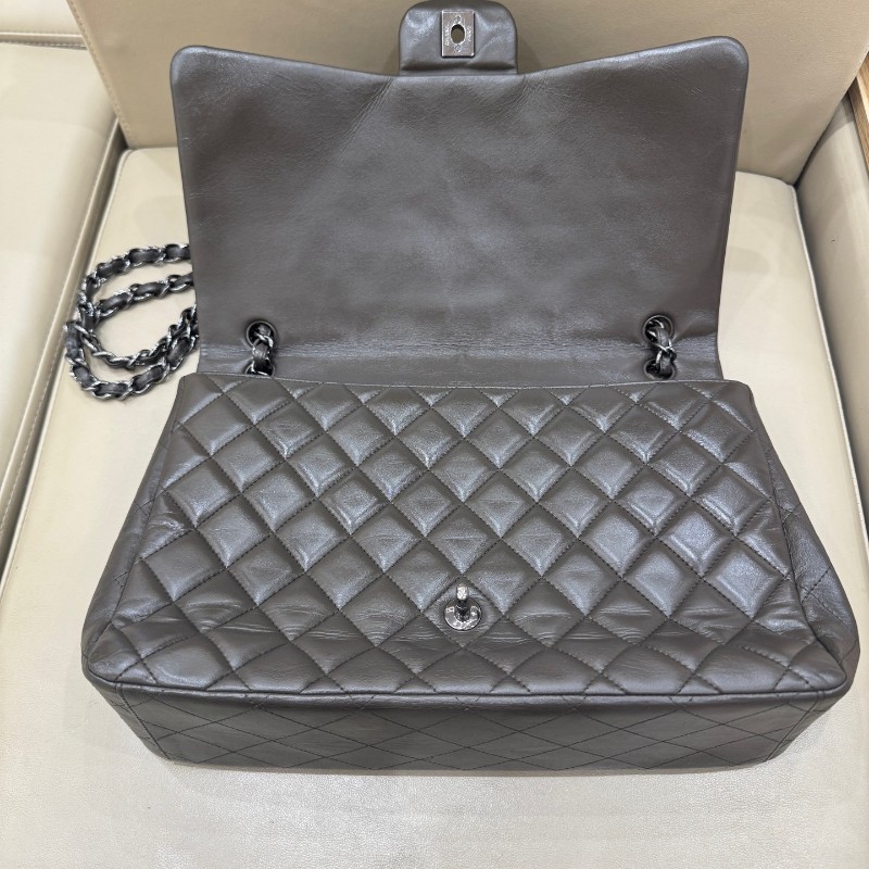 Chanel香奈兒 灰色羊皮CF maxi雙蓋鏈條包 肩背包 斜背包-13