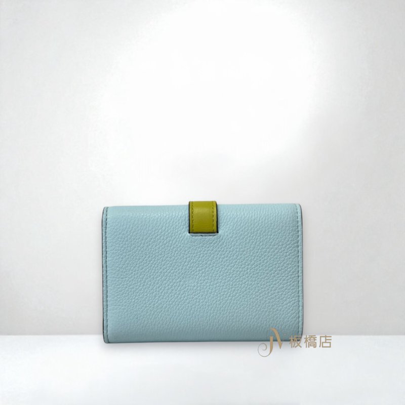 LOEWE 皮夾 藍綠內拚黃綠三折短夾-1