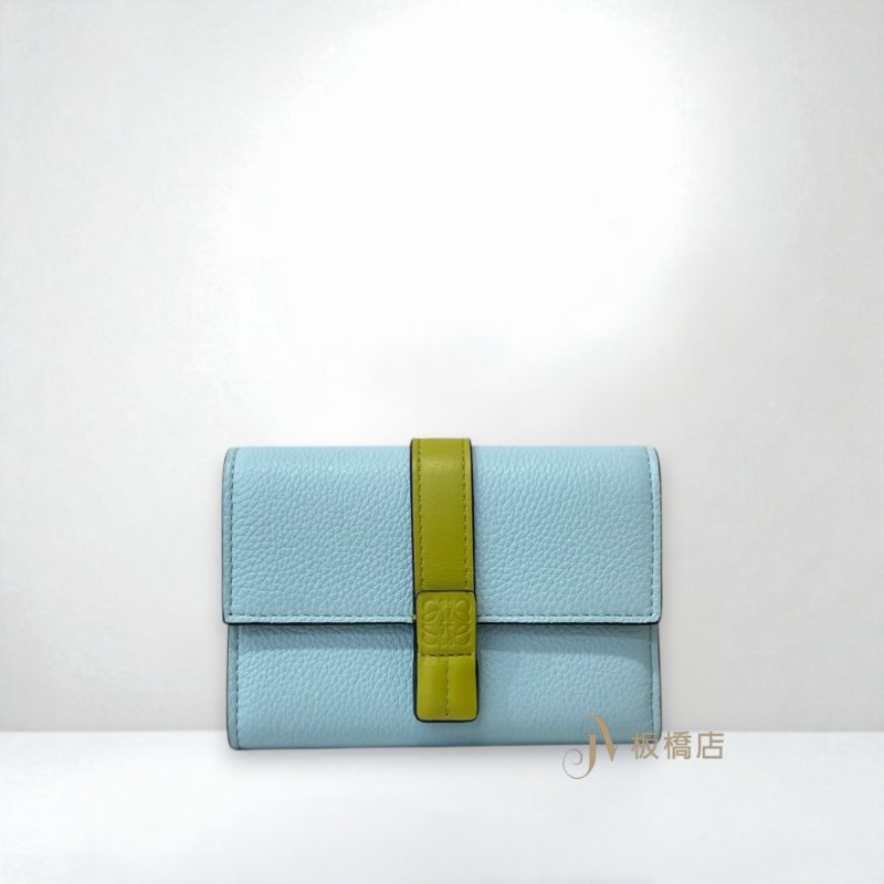 LOEWE 皮夾 藍綠內拚黃綠三折短夾-0