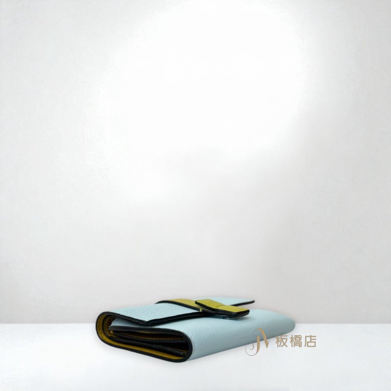 LOEWE 皮夾 藍綠內拚黃綠三折短夾-10