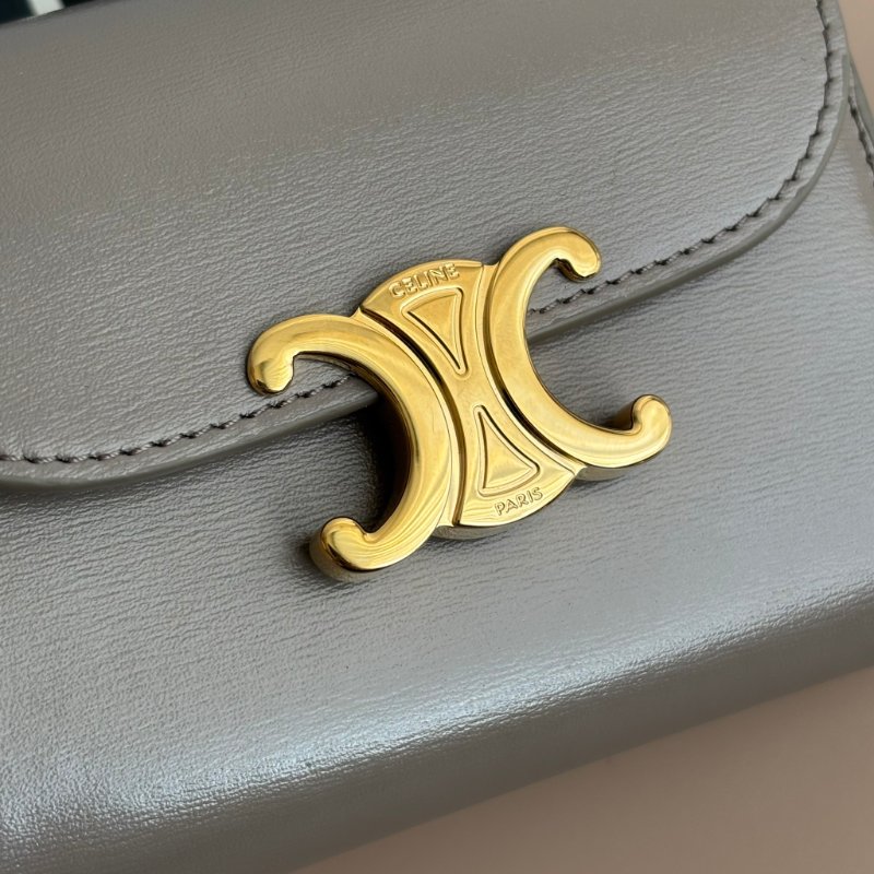 ::CELINE:: TRIOMPHE 大象灰牛皮翻蓋錢包 金凱旋門LOGO釦式短夾 三折短夾 內零錢袋-2