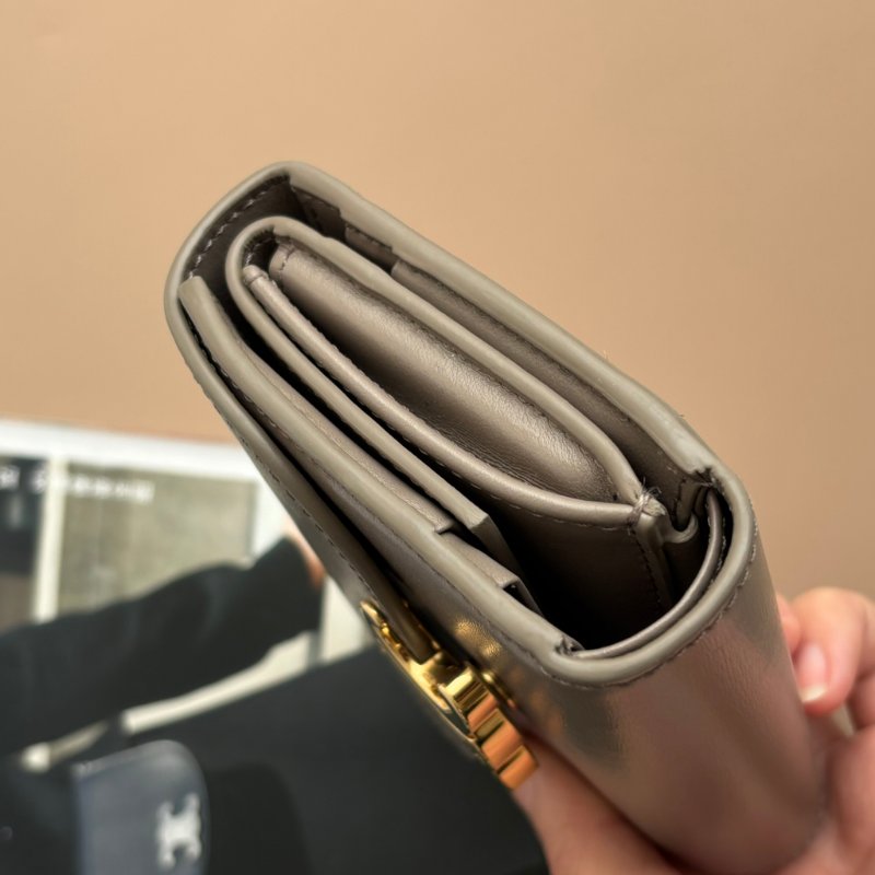 ::CELINE:: TRIOMPHE 大象灰牛皮翻蓋錢包 金凱旋門LOGO釦式短夾 三折短夾 內零錢袋-5