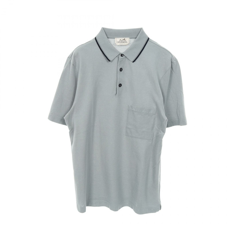 HERMES H 刺繡口袋帶珠地網眼 Polo 衫 棉質 藍色 二手 男士 #S-0