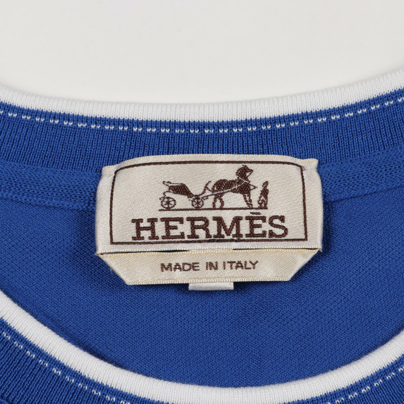 HERMES H 刺繡口袋 T 卹棉質藍色二手男式 #L-2