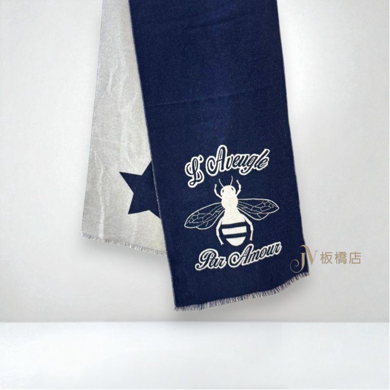 GUCCI 深藍拼米白蜜蜂羊毛圍巾-0