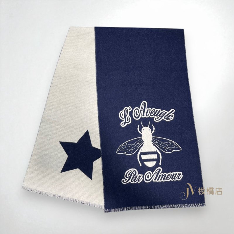 GUCCI 深藍拼米白蜜蜂羊毛圍巾-1