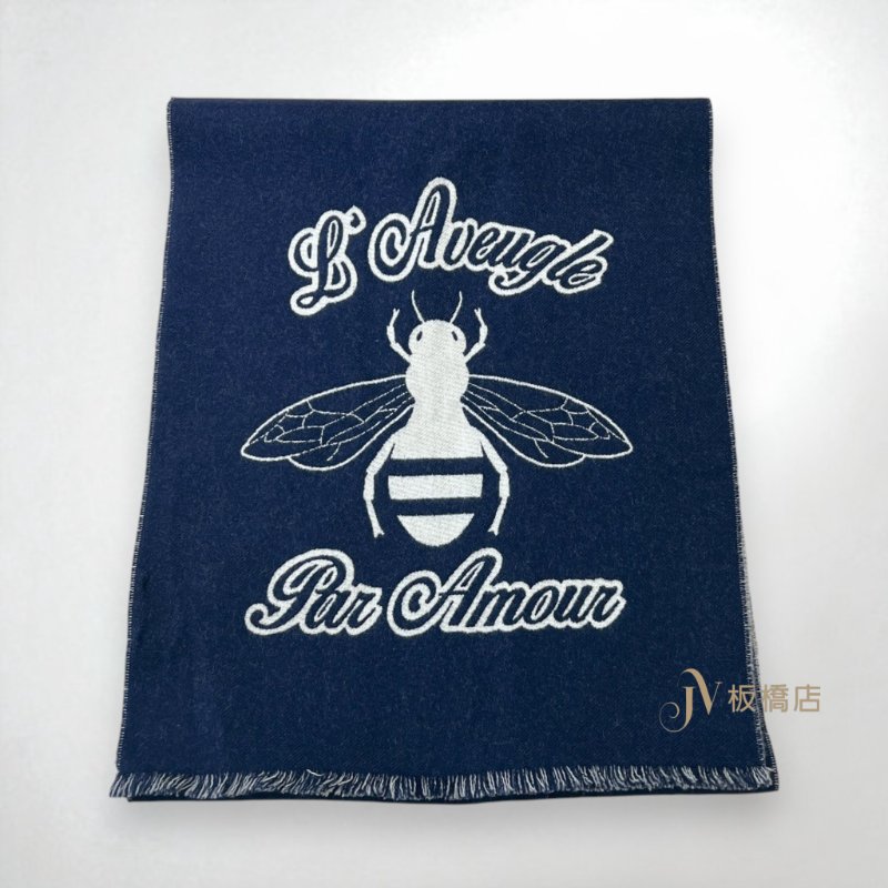 GUCCI 深藍拼米白蜜蜂羊毛圍巾-2