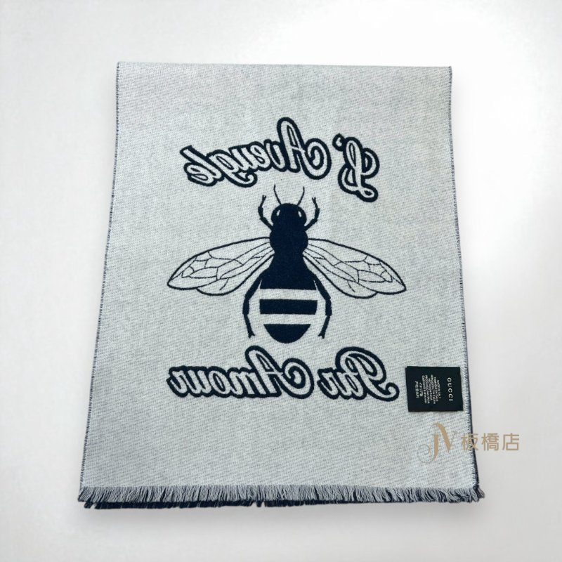 GUCCI 深藍拼米白蜜蜂羊毛圍巾-4