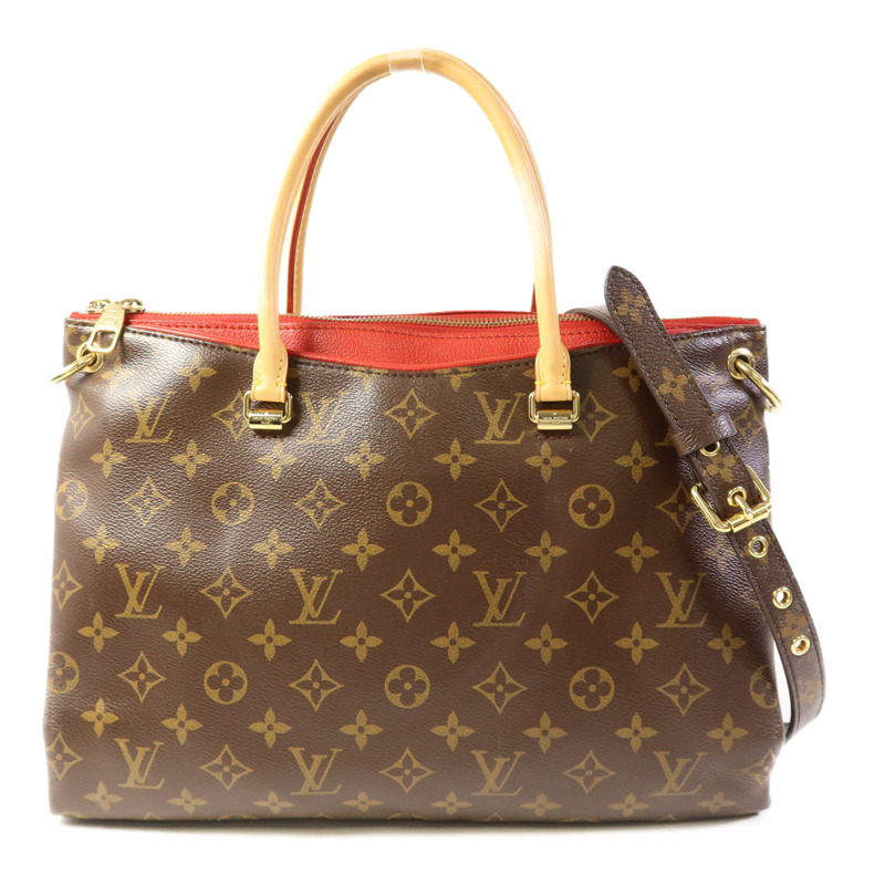 LOUIS VUITTON Monogram Pallas金扣手挽肩背兩用袋棕色/紅色-0