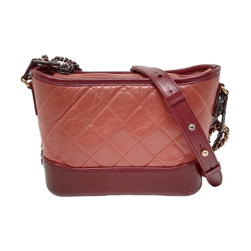 CHANEL GABRIELLE 小號 酒紅色牛皮菱格紋流浪包 肩背包 斜背包 金色釕色五金 25開-0