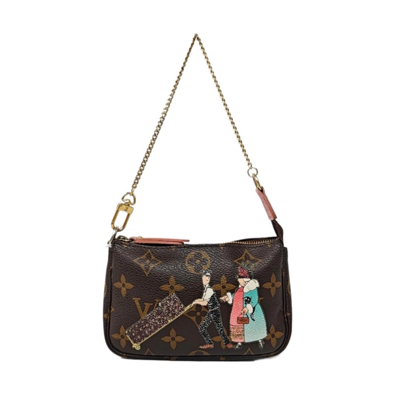 LOUIS VUITTON ACCESSOIRES 迷你 棕色塗層帆布老花印花小麻將手提包 金色五金-0