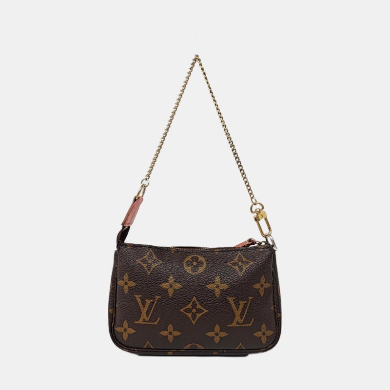 LOUIS VUITTON ACCESSOIRES 迷你 棕色塗層帆布老花印花小麻將手提包 金色五金-4