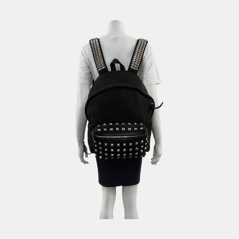 YSL 黑色帆布鉚釘雙肩包 銀色五金-1